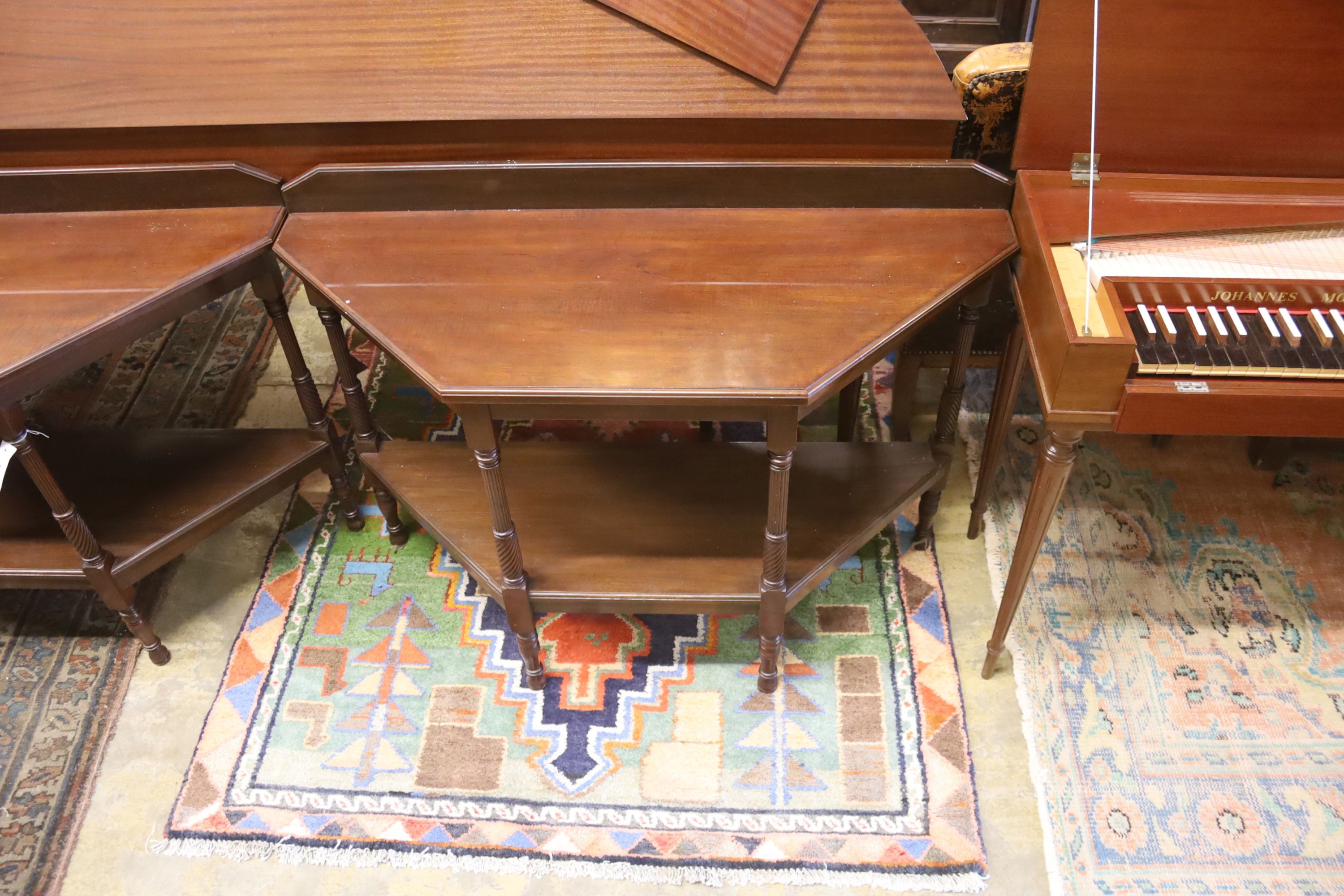 A pair of late Victorian style mahogany two tier side tables, (altered) width 106cm, depth 40cm, height 78cm